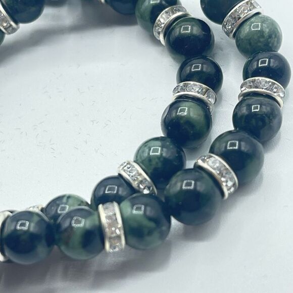 Kambaba jasper green black rhinestone bling beaded stretch bracelet ONE NEW crys - Picture 4 of 7